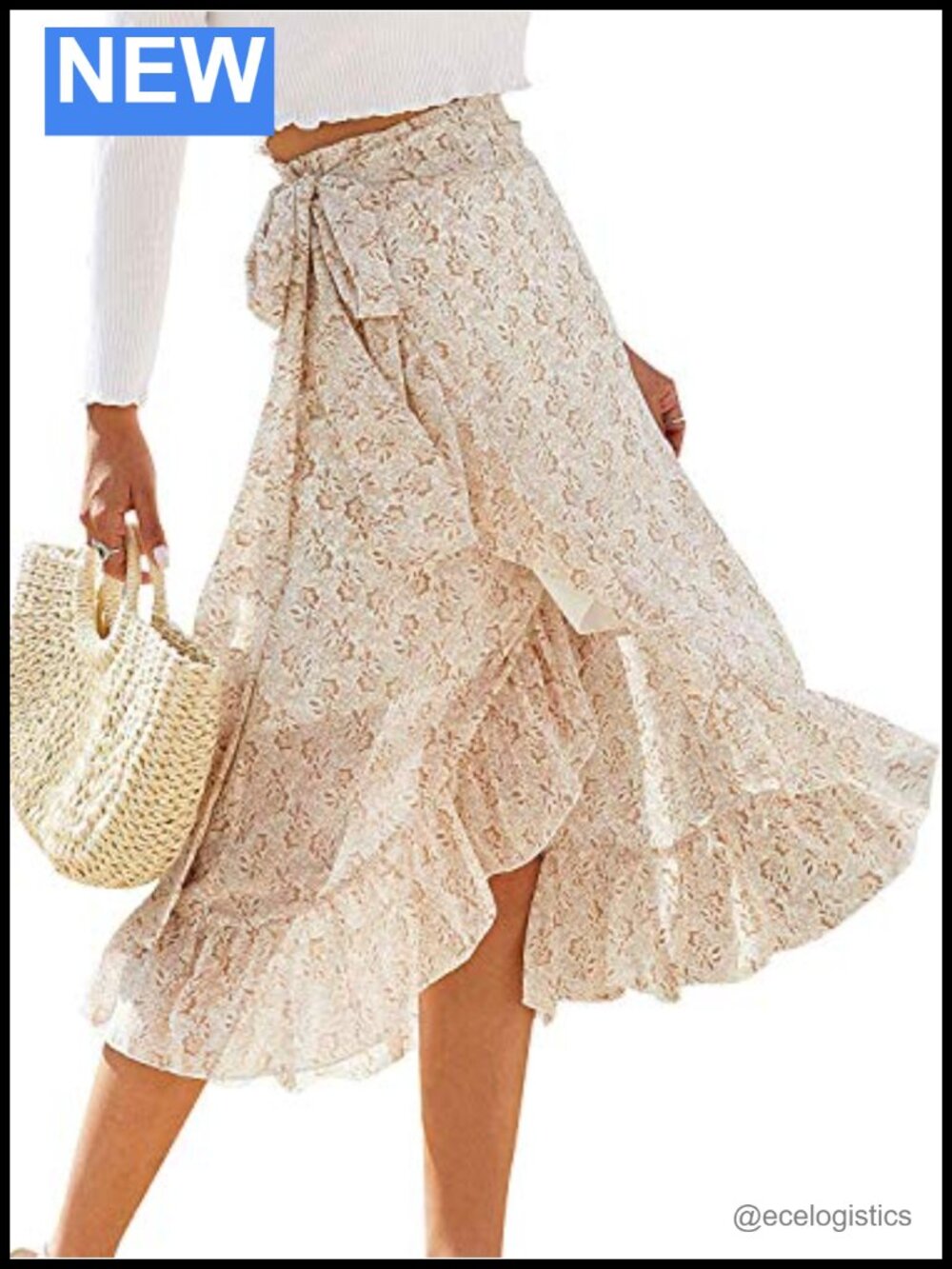 Women's Boho High Waisted Wrap Midi Skirt Ruffle Hem Floral Chiffon